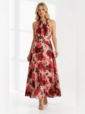 Eliza J Floral Halter Maxi Dress in Pink and Red Rose Print